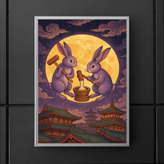 Murasaki moon rabbits pounding mochi over Heian rooftops poster 5
