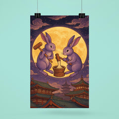 Murasaki moon rabbits pounding mochi over Heian rooftops poster 6