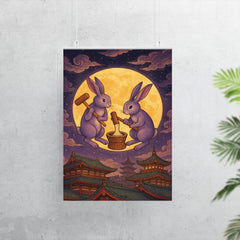 Murasaki moon rabbits pounding mochi over Heian rooftops poster 7
