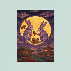 Murasaki moon rabbits pounding mochi over Heian rooftops poster 8