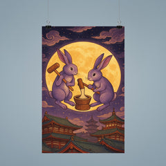 Murasaki moon rabbits pounding mochi over Heian rooftops poster 9