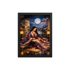 Murasaki Shikibu beneath palace screens and moonlight framed print on a plain backdrop in size 12"x16".