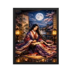 Murasaki Shikibu beneath palace screens and moonlight framed print on a plain backdrop in size 16"x20".