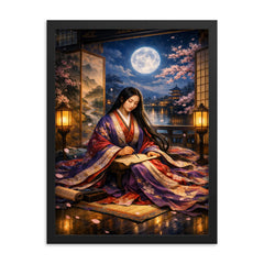Murasaki Shikibu beneath palace screens and moonlight framed print on a plain backdrop in size 18"x24".