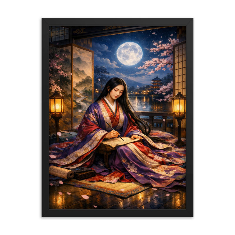 Murasaki Shikibu beneath palace screens and moonlight framed print on a plain backdrop in size 18