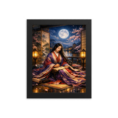 Murasaki Shikibu beneath palace screens and moonlight framed print on a plain backdrop in size 8"x10".
