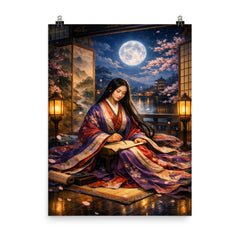 Murasaki Shikibu beneath palace screens and moonlight poster on a plain backdrop in size 8"x10".