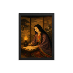 Murasaki Shikibu by lamplight with court screens framed print on a plain backdrop in size 12"x16".