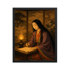 Murasaki Shikibu by lamplight with court screens framed print on a plain backdrop in size 16"x20".