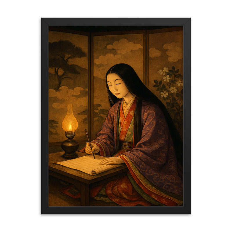 Murasaki Shikibu by lamplight with court screens framed print on a plain backdrop in size 18