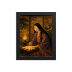 Murasaki Shikibu by lamplight with court screens framed print on a plain backdrop in size 8"x10".