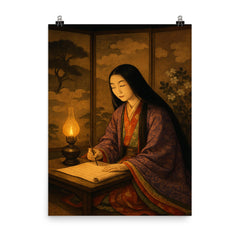 Murasaki Shikibu by lamplight with court screens poster on a plain backdrop in size 8"x10".