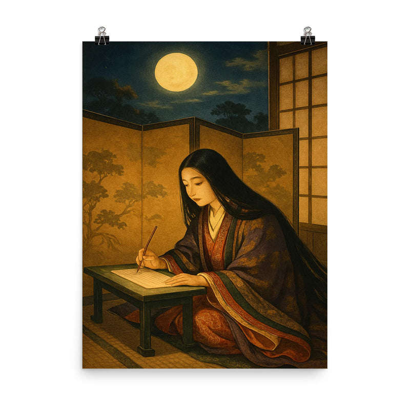 Murasaki Shikibu composing behind screens under moonlit court poster on a plain backdrop in size 8