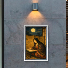 Murasaki Shikibu composing behind screens under moonlit court poster 2