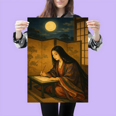 Murasaki Shikibu composing behind screens under moonlit court poster 3