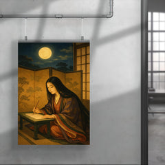 Murasaki Shikibu composing behind screens under moonlit court poster 4
