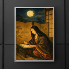 Murasaki Shikibu composing behind screens under moonlit court poster 5