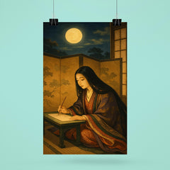 Murasaki Shikibu composing behind screens under moonlit court poster 6