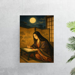 Murasaki Shikibu composing behind screens under moonlit court poster 7