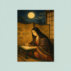 Murasaki Shikibu composing behind screens under moonlit court poster 8