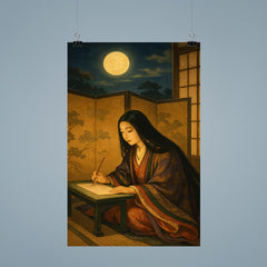 Murasaki Shikibu composing behind screens under moonlit court poster 9