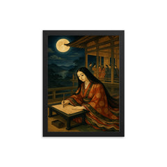 Murasaki Shikibu moonlit court writing scene framed print on a plain backdrop in size 12"x16".