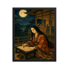 Murasaki Shikibu moonlit court writing scene framed print on a plain backdrop in size 16"x20".