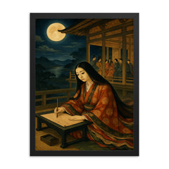 Murasaki Shikibu moonlit court writing scene framed print on a plain backdrop in size 18"x24".