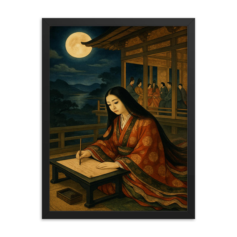 Murasaki Shikibu moonlit court writing scene framed print on a plain backdrop in size 18