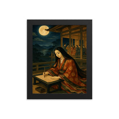 Murasaki Shikibu moonlit court writing scene framed print on a plain backdrop in size 8"x10".