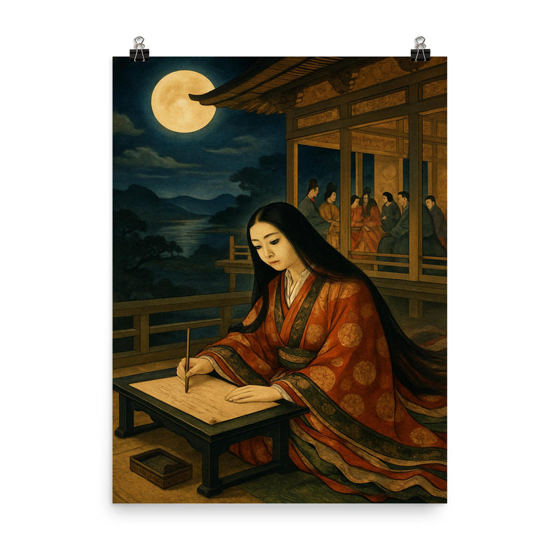 Murasaki Shikibu moonlit court writing scene poster on a plain backdrop in size 8