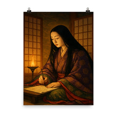 Murasaki Shikibu writing by lamplight behind screens poster on a plain backdrop in size 8"x10".
