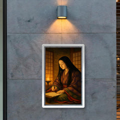 Murasaki Shikibu writing by lamplight behind screens poster 2