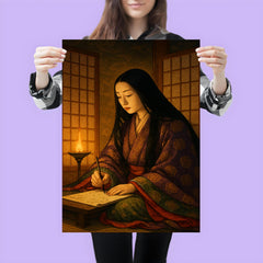 Murasaki Shikibu writing by lamplight behind screens poster 3