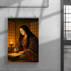 Murasaki Shikibu writing by lamplight behind screens poster 4