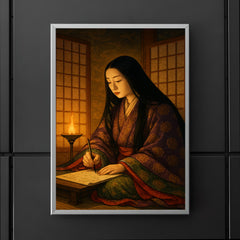 Murasaki Shikibu writing by lamplight behind screens poster 5