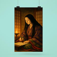 Murasaki Shikibu writing by lamplight behind screens poster 6