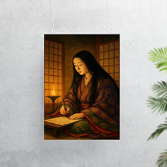 Murasaki Shikibu writing by lamplight behind screens poster 7