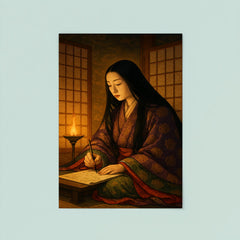 Murasaki Shikibu writing by lamplight behind screens poster 8