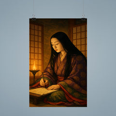 Murasaki Shikibu writing by lamplight behind screens poster 9