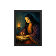 Murasaki Shikibu writing by lamplight framed print on a plain backdrop in size 12"x16".