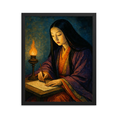 Murasaki Shikibu writing by lamplight framed print on a plain backdrop in size 16"x20".
