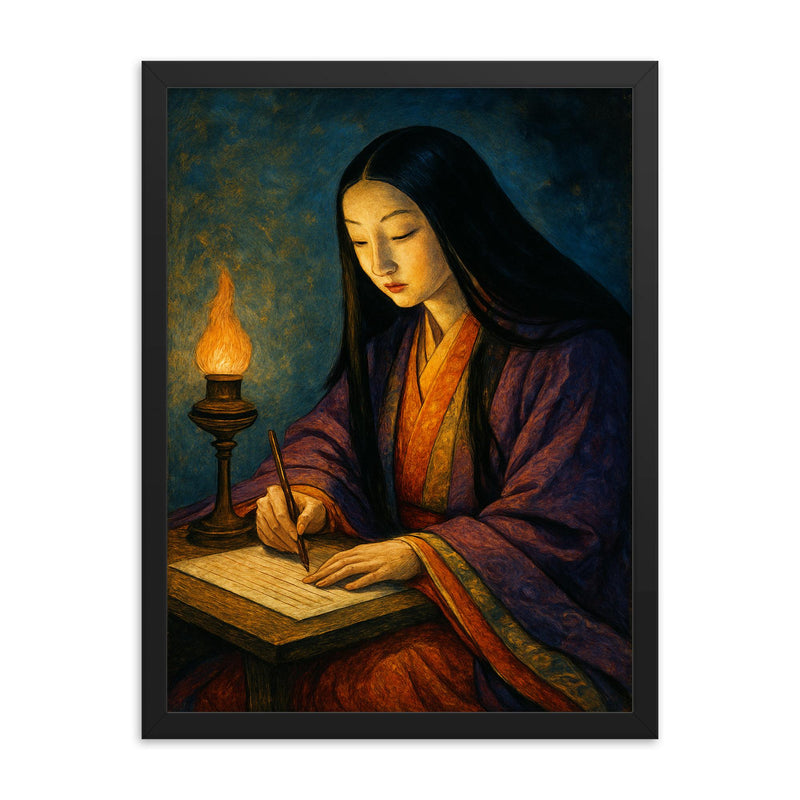 Murasaki Shikibu writing by lamplight framed print on a plain backdrop in size 18
