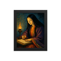 Murasaki Shikibu writing by lamplight framed print on a plain backdrop in size 8"x10".