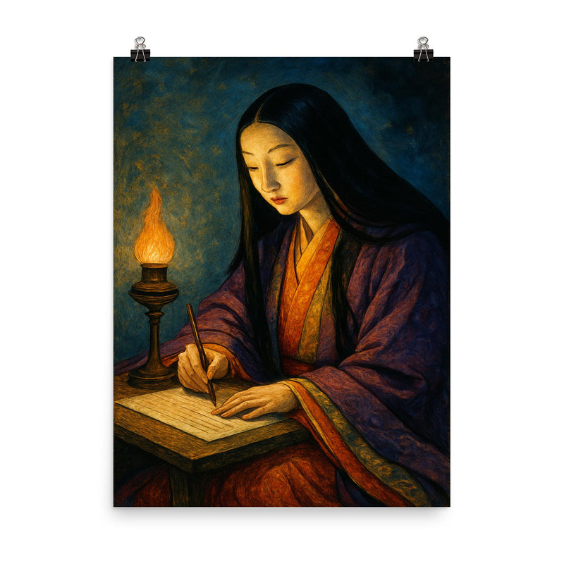 Murasaki Shikibu writing by lamplight poster on a plain backdrop in size 8