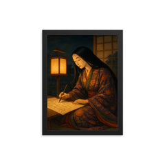 Murasaki Shikibu writing by lantern in Heian court framed print mockup 12x16