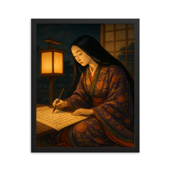 Murasaki Shikibu writing by lantern in Heian court framed print mockup 16x20