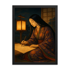 Murasaki Shikibu writing by lantern in Heian court framed print mockup 18x24