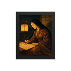 Murasaki Shikibu writing by lantern in Heian court framed print mockup 8x10