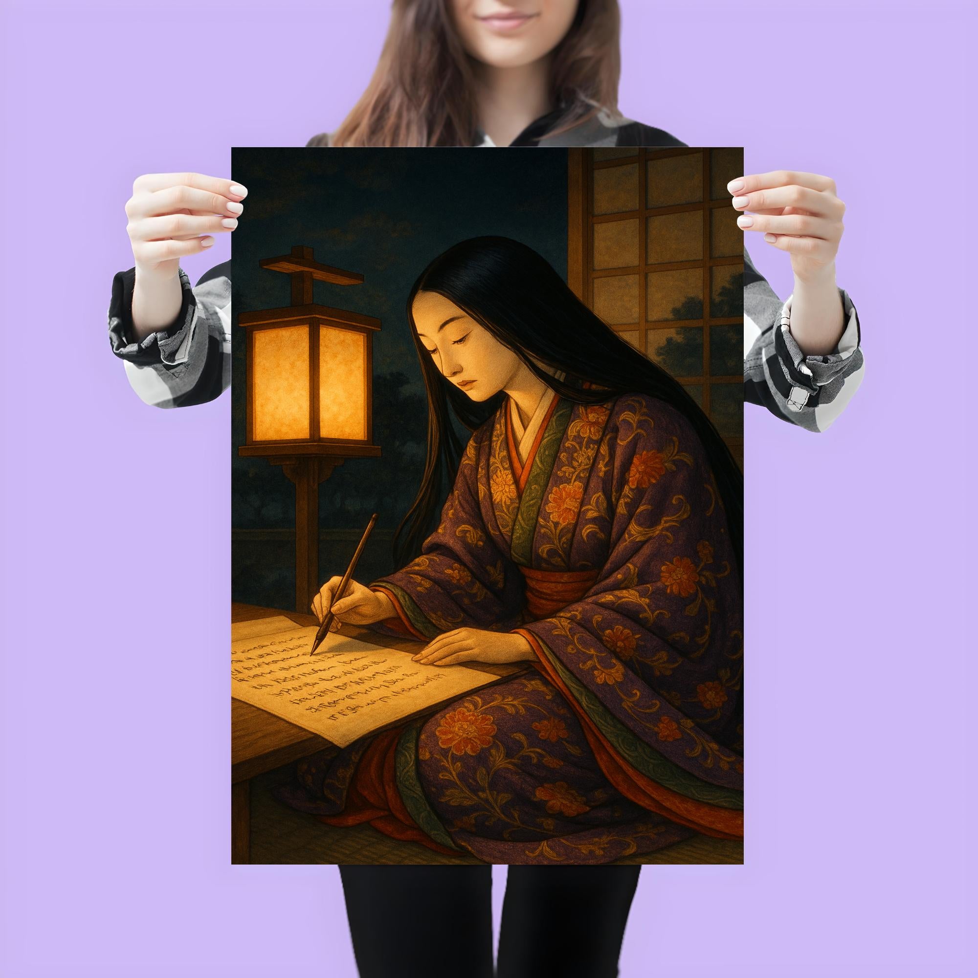 Murasaki Shikibu Lantern Writing Poster Print | Heian Court Wall Art ...